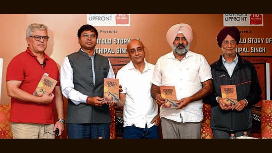 (From left) Senior journalist Arup Ghosh, former hockey team Dilip Tirkey, author Sundeep Misra, former India hockey captain and MLA Pargat Singh and Olympic gold medallist Harbinder Singh at Hotel Taj in Chandigarh on Tuesday. (Keshav Singh/HT)