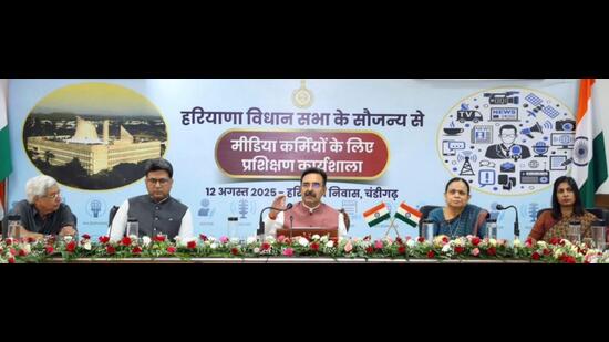 Haryana Vidhan Sabha speaker Harvinder Kalyan during a workshop in Chandigarh on Tuesday. (Sourced)