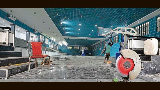 The construction work in progress at Guru Nanak stadium in Ludhiana. (Gurpreet Singh/HT)