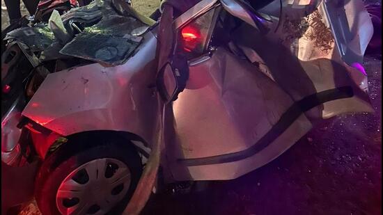 The mangled remains of the car. (HT Photo)