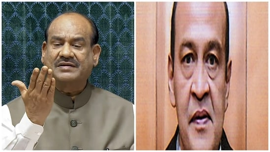 Lok Sabha Speaker Om Birla (L) has announced a three-member panel to probe allegations against Justice Yashwant Varma (Sansad TV and PTI/File)