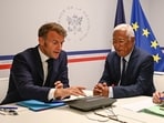 France's President Emmanuel Macron (L) and European Council President Antonio Costa, sitting next to France's Foreign Minister and France's Minister of Armed Forces (both unseen), attend a video conference on Ukraine from the Fort de Bregancon presidential holidays residence in Bormes-les-Mimosas, in southern France on August 13, 2025. (Photo by PHILIPPE MAGONI / POOL / AFP) France's President Emmanuel Macron (L) and European Council President Antonio Costa, sitting next to France's Foreign Minister and France's Minister of Armed Forces (both unseen), attend a video conference on Ukraine from the Fort de Bregancon presidential holidays residence in Bormes-les-Mimosas, in southern France on August 13, 2025. (Photo by PHILIPPE MAGONI / POOL / AFP)