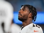 Cleveland Browns quarterback Shedeur Sanders (12) on the sideline during the second half against the Carolina Panthers