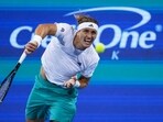 Alexander Zverev (GER) serves in the Cincinnati Open at the Lindner Family Tennis Center.
