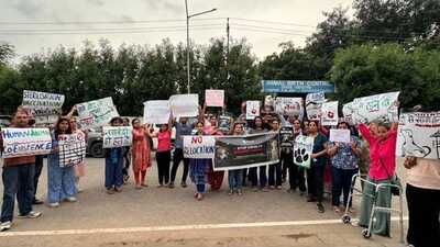 A large number of people remained gathered outside the centre until late in the evening, accusing the authorities of unnecessarily targeting innocent animals. (HT Photo) A large number of people remained gathered outside the centre until late in the evening, accusing the authorities of unnecessarily targeting innocent animals. (HT Photo)