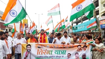 BJP leader Neeraj Singh leads a Tiranga Yatra organised at the Engineering College crossing in Lucknow, ahead of Independence Day celebrations. ( Naeem Ansari/ANI) BJP leader Neeraj Singh leads a Tiranga Yatra organised at the Engineering College crossing in Lucknow, ahead of Independence Day celebrations. ( Naeem Ansari/ANI)