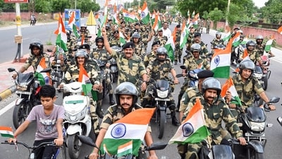 BSF Personnel participate in a 'Tiranga Rally' ahead of the Independence Day celebrations in Bikaner. (Dinesh Gupta/ANI) BSF Personnel participate in a 'Tiranga Rally' ahead of the Independence Day celebrations in Bikaner. (Dinesh Gupta/ANI)