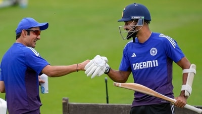 India's Akash Deep with head coach Gautam Gambhir during a practice session. (PTI) India's Akash Deep with head coach Gautam Gambhir during a practice session. (PTI)