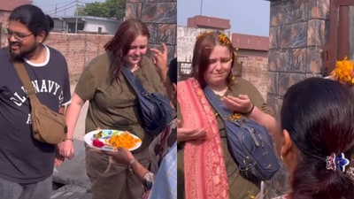 Smiles were all around as Jammu parents met their son’s American girlfriend. (@atulxclaire/Instagram) Smiles were all around as Jammu parents met their son’s American girlfriend. (@atulxclaire/Instagram)