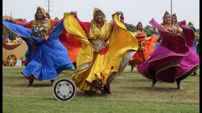 Artists perform during full dress rehearsal for 79th Independence Day celebration in Gurugram on Wednesday. (PTI)