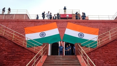 Security personnel and officials ensuring tight security during a full dress rehearsal on Wednesday (PTI) Security personnel and officials ensuring tight security during a full dress rehearsal on Wednesday (PTI)