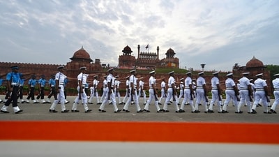 Indian defence personnel marches in front of Red Fort in Delhi during Independence Day rehearsal (Raj k Raj/Hindustan Times) Indian defence personnel marches in front of Red Fort in Delhi during Independence Day rehearsal (Raj k Raj/Hindustan Times)