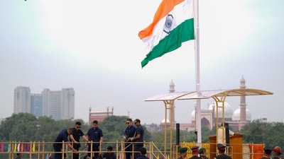 Security personnel keep vigil during a full dress rehearsal for the 79th Independence Day celebrations at the Red Fort complex. (PTI) Security personnel keep vigil during a full dress rehearsal for the 79th Independence Day celebrations at the Red Fort complex. (PTI)