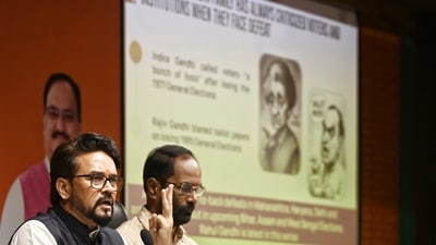 New Delhi: BJP MP Anurag Thakur addresses a press conference at the party headquarters, in New Delhi, Wednesday, Aug. 13, 2025. (PTI Photo) (PTI08_13_2025_000196A) (PTI) New Delhi: BJP MP Anurag Thakur addresses a press conference at the party headquarters, in New Delhi, Wednesday, Aug. 13, 2025. (PTI Photo) (PTI08_13_2025_000196A) (PTI)