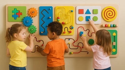 Children engage with a vibrant activity wall panel, exploring textures, shapes, and movement while building fine motor skills and social interaction. Children engage with a vibrant activity wall panel, exploring textures, shapes, and movement while building fine motor skills and social interaction.