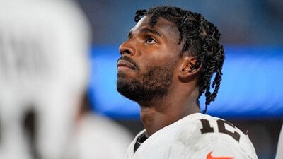Cleveland Browns quarterback Shedeur Sanders (12) on the sideline during the second half against the Carolina Panthers (IMAGN IMAGES via Reuters Connect)