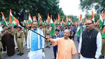 Uttar Pradesh chief minister Yogi Adityanath at the launch of the Har Ghar Tiranga campaign in Lucknow on Wednesday. (Deepak Gupta/HT Photo) Uttar Pradesh chief minister Yogi Adityanath at the launch of the Har Ghar Tiranga campaign in Lucknow on Wednesday. (Deepak Gupta/HT Photo)