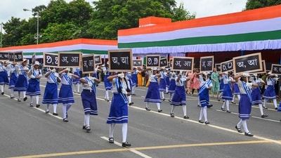 Students perform during the full dress rehearsal for the Independence Day celebration in Kolkata. (PTI) Students perform during the full dress rehearsal for the Independence Day celebration in Kolkata. (PTI)