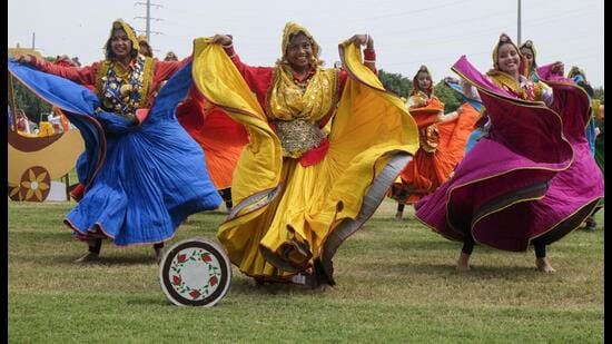 Artists perform during full dress rehearsal for 79th Independence Day celebration in Gurugram on Wednesday. (PTI)