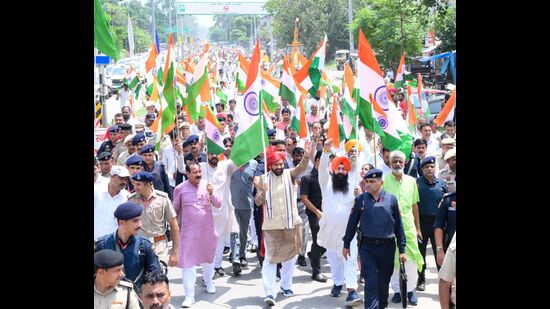 Haryana chief minister Nayab Singh Saini during the Tiranga Yatra in Kurukshetra on Wednesday. (Photo: X)