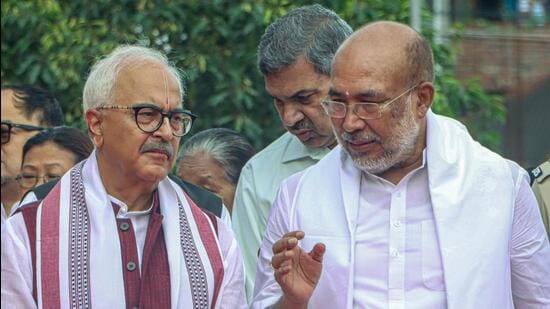 Manipur governor Ajay Kumar Bhalla (left) with former Manipur chief minister N. Biren Singh at a programme to commemorate the heroes of the 1891 Anglo-Manipur War on the 134th Patriot’s Day at Hicham Yaicham Pat, Imphal West on Wednesday. (ANI)