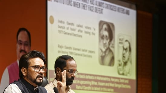 New Delhi: BJP MP Anurag Thakur addresses a press conference at the party headquarters, in New Delhi, Wednesday, Aug. 13, 2025. (PTI Photo) (PTI08_13_2025_000196A) (PTI)