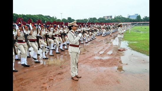 Police personnel during the full dress rehearsal for the 79th Independence Day Parade 2025, at Gandhi Maidan in Patna on Wednesday. (ANI PHOTO)