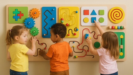 Children engage with a vibrant activity wall panel, exploring textures, shapes, and movement while building fine motor skills and social interaction.