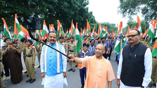 Uttar Pradesh chief minister Yogi Adityanath at the launch of the Har Ghar Tiranga campaign in Lucknow on Wednesday. (Deepak Gupta/HT Photo)