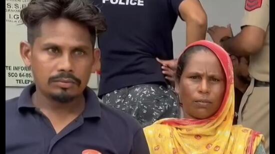 Villagers at the police station after the kids were traced on Wednesday.