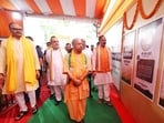 Chief minister Yogi Adityanath, deputy CMs Brajesh Pathak and Keshav Prasad Maurya, and others at the Partition Horrors Remembrance Day exhibition in Lucknow on Thursday. (HT Photo)