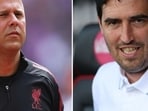 Liverpool head coach Arne Slot and Bournemouth boss Andoni Iraola