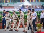 Delhi Police Commissioner S.B.K. Singh, along with other senior police officers, conducts a security inspection during the full dress rehearsal for the 79th Independence Day celebrations at the Red Fort complex in New Delhi on Wednesday. 