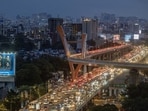 Mumbai, India - August 14, 2025: A night view of the SCLR bridge after Open for the vehicles from today , The Santacruz Chembur Link Road (SCLR) Extension Phase-I achieves a major milestone with the successful launch of the 215m Orthotropic Steel Deck (OSD) span over the Vakola Flyover. Asia’s first cable-stayed bridge with a sharp 100m curvature, Soaring 25m above ground, seamlessly crossing the Western Express Highway in Mumbai, India, on Thursday, August 14, 2025. (Photo by Satish Bate/ Hindustan Times) (Hindustan Times)