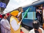 Punjab chief minister Bhagwant Mann flags off a team of women sarpanches and panches from Sirhind to Nanded in Maharashtra. (PTI) Punjab chief minister Bhagwant Mann flags off a team of women sarpanches and panches from Sirhind to Nanded in Maharashtra. (PTI)