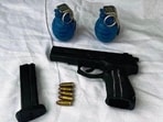 The hand-grenades, a Beretta 9mm pistol, and ammunition recovered from the Babbar Khalsa International operatives in Ferozepur on Thursday. (HT Photo)