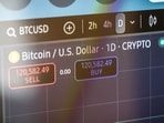 A digital screen showing pricing of selling and buying bitcoin at a BitBase cryptocurrency exchange in Barcelona, Spain, on Wednesday, Aug 13