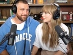 Taylor Swift and Travis Kelce on the New Heights podcast. Taylor Swift and Travis Kelce on the New Heights podcast.