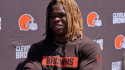 FILE - Cleveland Browns running back Quinshon Judkins speaks during a news conference at the NFL football team's rookie minicamp in Berea, Ohio, May 9, 2025. (AP Photo/Sue Ogrocki, file) (AP) FILE - Cleveland Browns running back Quinshon Judkins speaks during a news conference at the NFL football team's rookie minicamp in Berea, Ohio, May 9, 2025. (AP Photo/Sue Ogrocki, file) (AP)