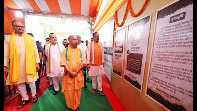 Chief minister Yogi Adityanath, deputy CMs Brajesh Pathak and Keshav Prasad Maurya, and others at the Partition Horrors Remembrance Day exhibition in Lucknow on Thursday. (HT Photo) Chief minister Yogi Adityanath, deputy CMs Brajesh Pathak and Keshav Prasad Maurya, and others at the Partition Horrors Remembrance Day exhibition in Lucknow on Thursday. (HT Photo)