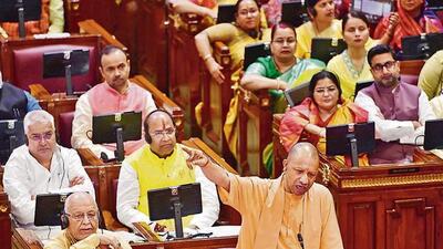 Chief minister Yogi Adityanath addresses the UP Assembly on the fourth day of the Monsoon session in Lucknow on Thursday. (Deepak Gupta/HT Photo) Chief minister Yogi Adityanath addresses the UP Assembly on the fourth day of the Monsoon session in Lucknow on Thursday. (Deepak Gupta/HT Photo)