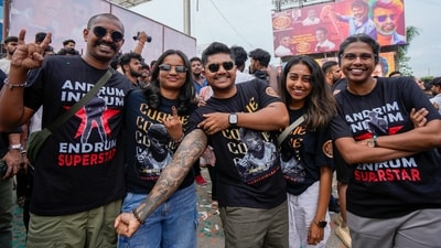 To celebrate the occasion fans turned up at theatres wearing custom tee-shirts, with one fan in Chennai even showing off his Rajinikanth tattoo. (PTI) To celebrate the occasion fans turned up at theatres wearing custom tee-shirts, with one fan in Chennai even showing off his Rajinikanth tattoo. (PTI)