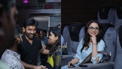 Dhanush and Priyanka Mohan were spotted watching Coolie at a theatre in Chennai. Dhanush and Priyanka Mohan were spotted watching Coolie at a theatre in Chennai.