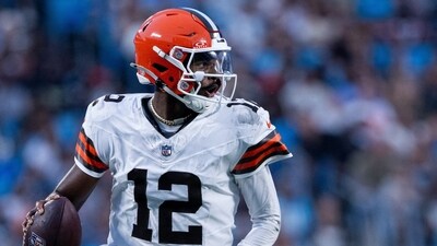 Cleveland Browns quarterback Shedeur Sanders looks down field during the second quarter against the Carolina Panthers at Bank of America Stadium. (IMAGN IMAGES via Reuters Connect)