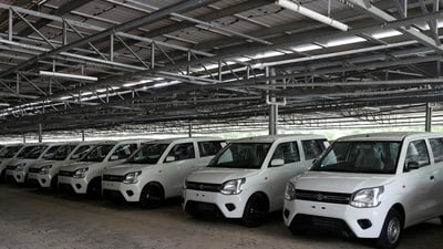 WagonR hatchbacks are seen parked at the manufacturing plant of Maruti Suzuki in Manesar. India's largest carmaker continues to restrict new car dispatches to dealerships amid a slump in demand and a rise in unsold inventory. (REUTERS)