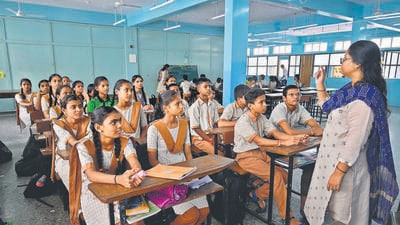 Mumbai, India - Aug. 14, 2025: View of newly shifted class room of MPS colaba upper primary English school after it was declared dangerous and slated for demolition, at Colaba Market Municipal school, in Mumbai, India, on Thursday, August 14, 2025. (Photo by Anshuman Poyrekar/ Hindustan Times) (Hindustan Times) Mumbai, India - Aug. 14, 2025: View of newly shifted class room of MPS colaba upper primary English school after it was declared dangerous and slated for demolition, at Colaba Market Municipal school, in Mumbai, India, on Thursday, August 14, 2025. (Photo by Anshuman Poyrekar/ Hindustan Times) (Hindustan Times)