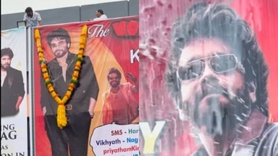 Nagarjuna's fans put up pictures of the actor in theatres and celebrated the release of Coolie. (Instagram: Artistry Buzz) Nagarjuna's fans put up pictures of the actor in theatres and celebrated the release of Coolie. (Instagram: Artistry Buzz)