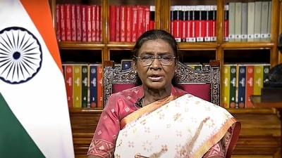 President Droupadi Murmu addresses the nation on the eve of the 79th Independence Day, on Thursday, August 14 2025. (Sansad TV) President Droupadi Murmu addresses the nation on the eve of the 79th Independence Day, on Thursday, August 14 2025. (Sansad TV)