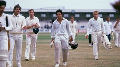Sachin Tendulkar walks out of Old Trafford after scoring his maiden Test century to rescue the match for India. Sachin Tendulkar walks out of Old Trafford after scoring his maiden Test century to rescue the match for India.