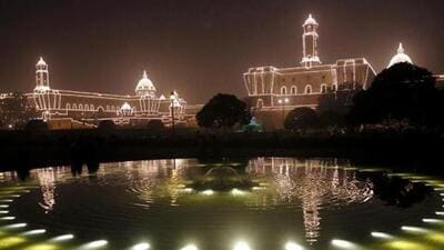 The Raisina Hill illuminated during a ceremony in New Delhi (Virendra Singh Gosain/HT Photo)